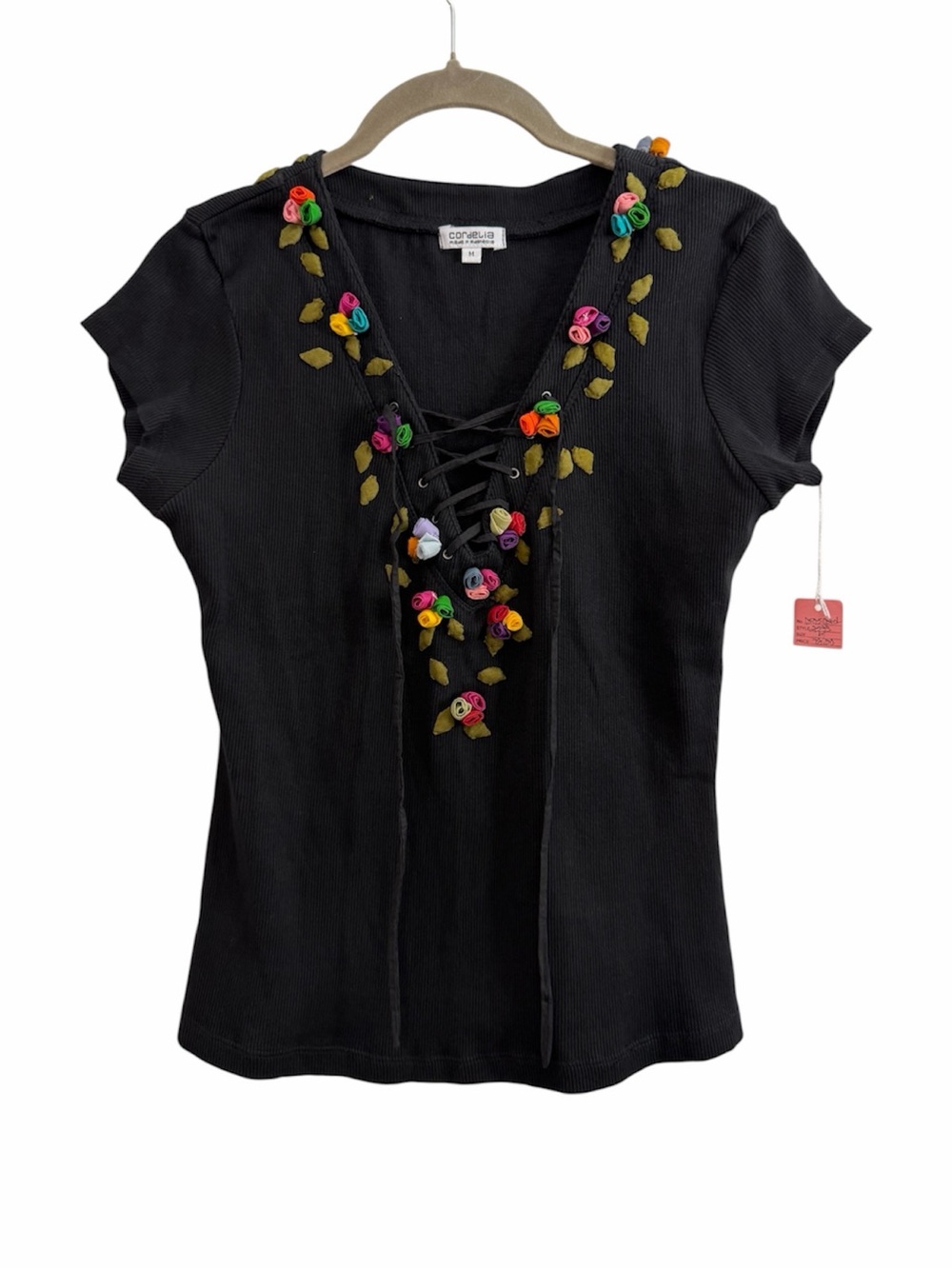 Vintage Y2K Cordelia Black Lace Up 3D Ribbon Rosette Floral Top M